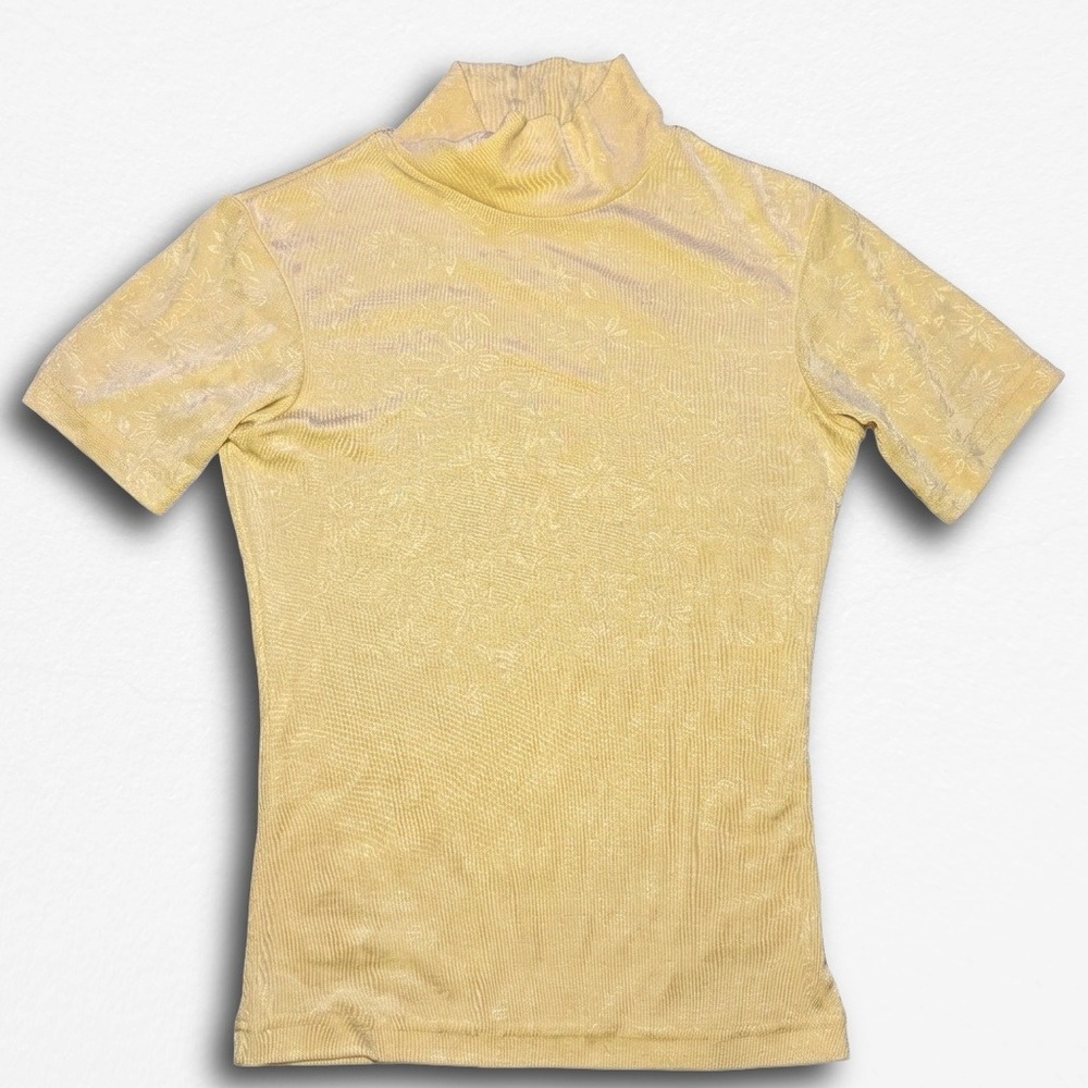 Vintage Energie Y2K Yellow Floral Damask Mock Neck Short Sleeve Top Small
